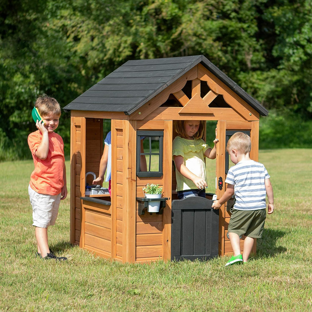 Children's playhouse cabin, equipped with a game kitchen, snack bar, half-door, toy phone, windows, flower pot stand and an operable doorbell, suitable for creative outdoor games.(Light Brown)