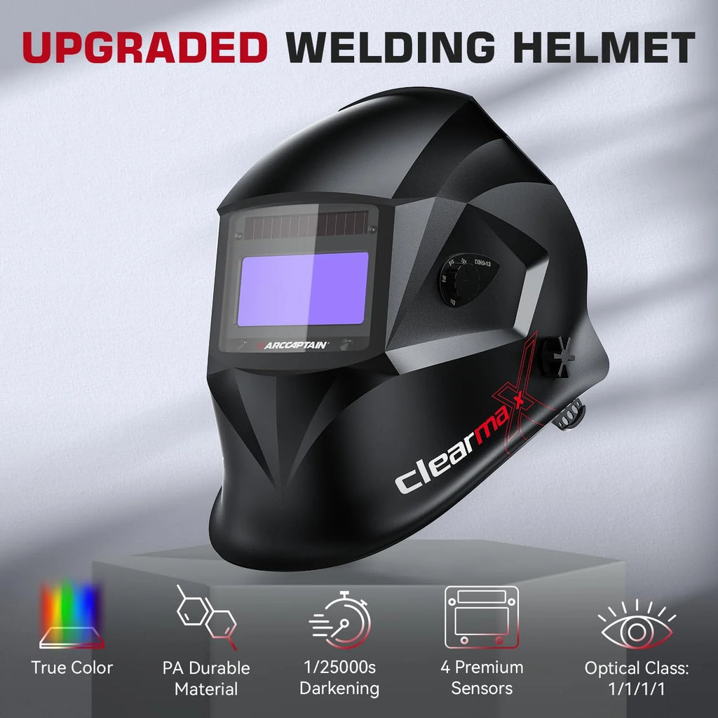 Welding Helmet Auto Darkening, True Color Solar Powered Welding Mask with 4 Arc Sensor, 1/1/1/1 Optical Clarity and Adjustable Shade 4/9-13 Welder Helmet(Hsh-s800 Black)