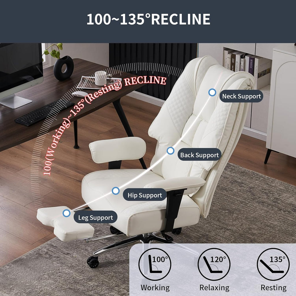 Large Tall Office Chair 400 lbs Wide Seat, Leather High Back Executive Office Chair with Footrest, Ergonomic Office Chair Lumbar Support to Relieve Lower Back Pain (Beige)(Grey)