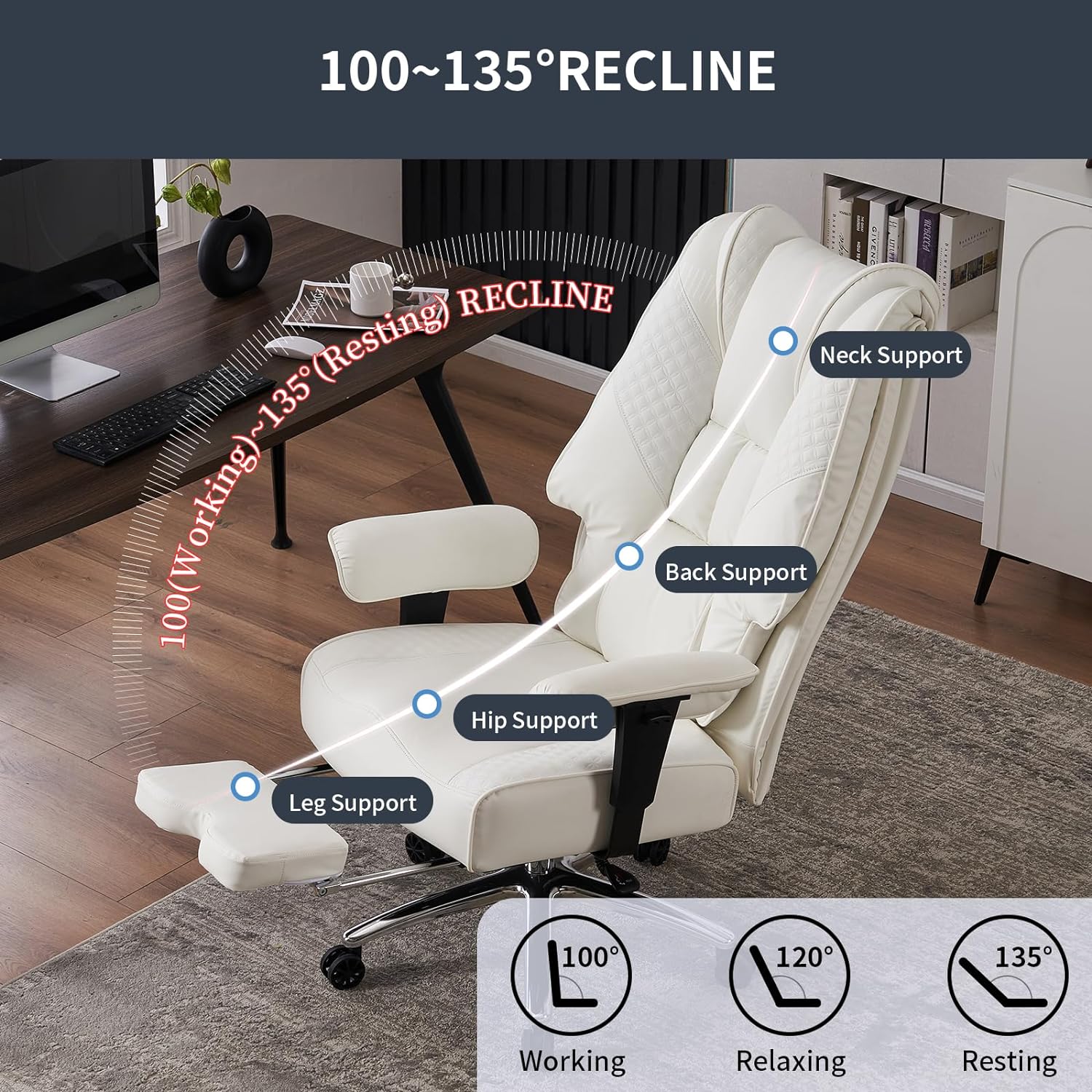 Large Tall Office Chair 400 lbs Wide Seat, Leather High Back Executive Office Chair with Footrest, Ergonomic Office Chair Lumbar Support to Relieve Lower Back Pain (Beige)(Grey)