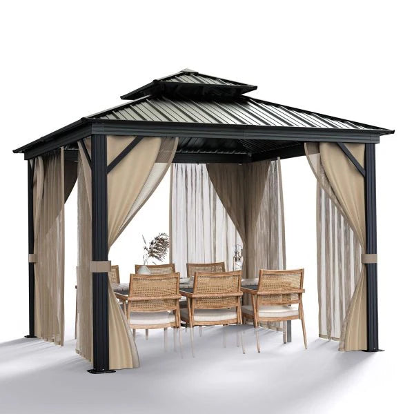10’x10′ Hardtop Gazebo with double metal roof, aluminum frame, net, and curtain. All-weather, ideal for patio, deck, garden, backyard. Khaki.(Khaki/10x10FT)