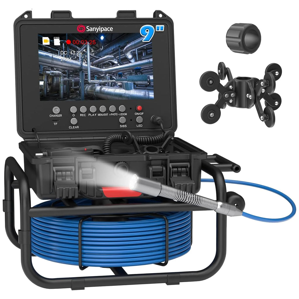 100FT/30M Sewer Inspection Camera, 23mm HD, 9" IPS Screen, 5X Zoom, DVR  16GB Card(165FT/50M， Distance Counter)