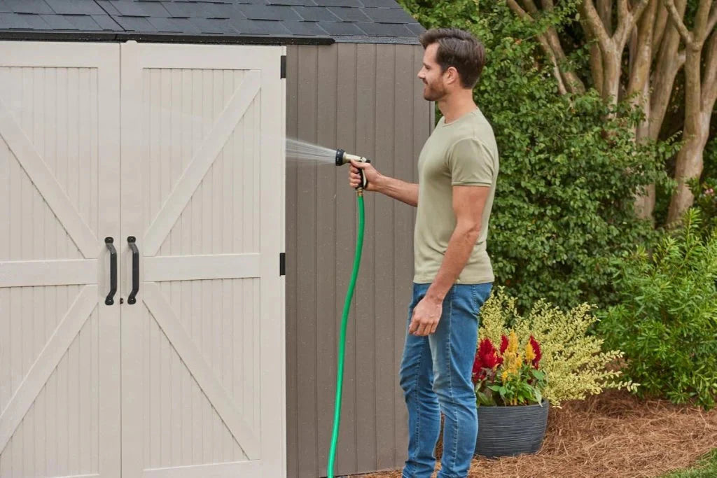 Rubbermaid Resin Outdoor Storage Shed With Floor (7 x 7 Ft) Weather Resistant Gray Organization for Home/Backyard/Garden Tools/Lawn Mower/Bike Storage/Pool Supplies(7'x7'/Gray)