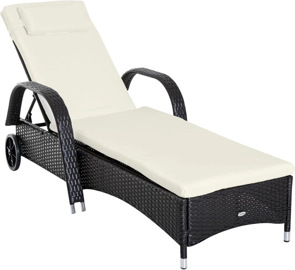 Wicker Outdoor Chaise Lounge, 5-Level Adjustable Backrest PE Rattan Pool Lounge Chair with Wheels, Cushion  Headrest, Brown and Dark Blue(Mixed Brown and Cream White/2 PCs)