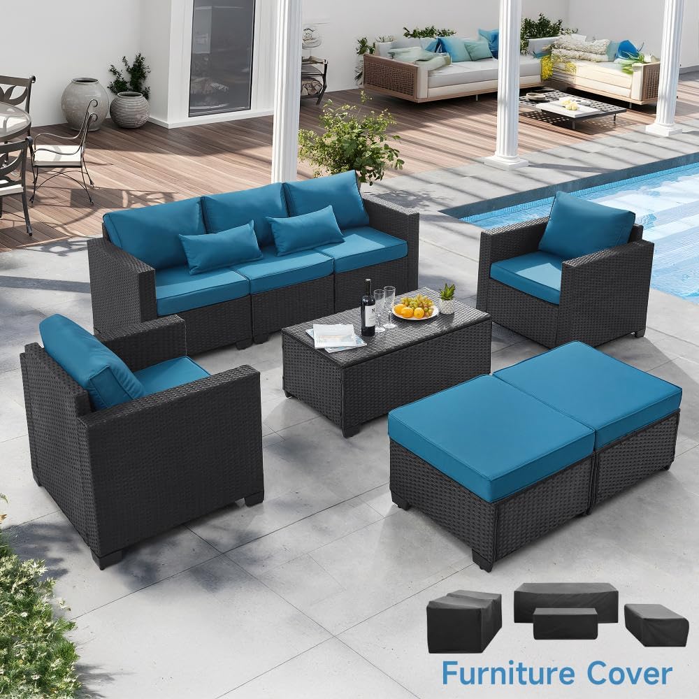 6 Pieces Outdoor Patio Furniture Sets with Furniture Cover, PE Rattan Wicker Patio Conversation Set with Tea Table (Peacock Blue, Rattan Storage Table)(Peacock Blue/Rattan Storage Table)