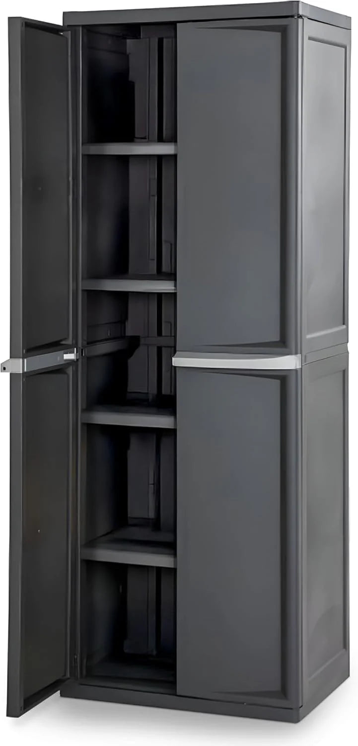Storage Cabinet, Rugged Plastic Garage Organizer with Double Doors, 4 Adjustable Shelves, Gray(One Size/2 Pack)