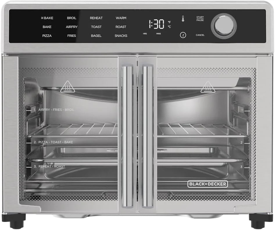 Crisp 'N Bake Air Fryer Toaster Oven Combo, 12 in 1 Countertop Convection Oven Cooks Food Fast, Fits a Whole Pizza or 6 Toast Slices, French Doors with Stainless Steel Finish