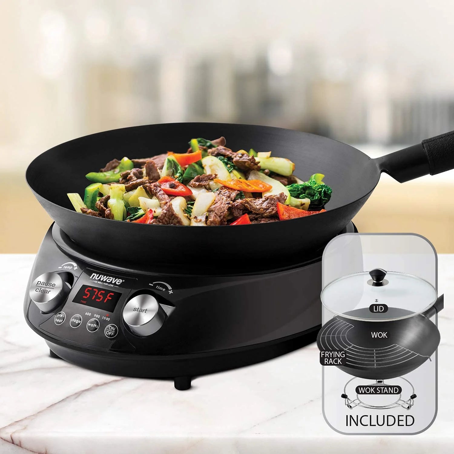 Nuwave Mosaic Induction Wok, Precise Temp Controls from 100u00b0F to 575u00b0F in 5u00b0F, Wok Hei, Infuse Complex Charred Aroma  Flavor, 3 Watts 600, 900  1500, Authentic 14-inch Carbon Steel Wok Included(Black Induction Wok Fry Pan/DeluxeWokCookingKit)