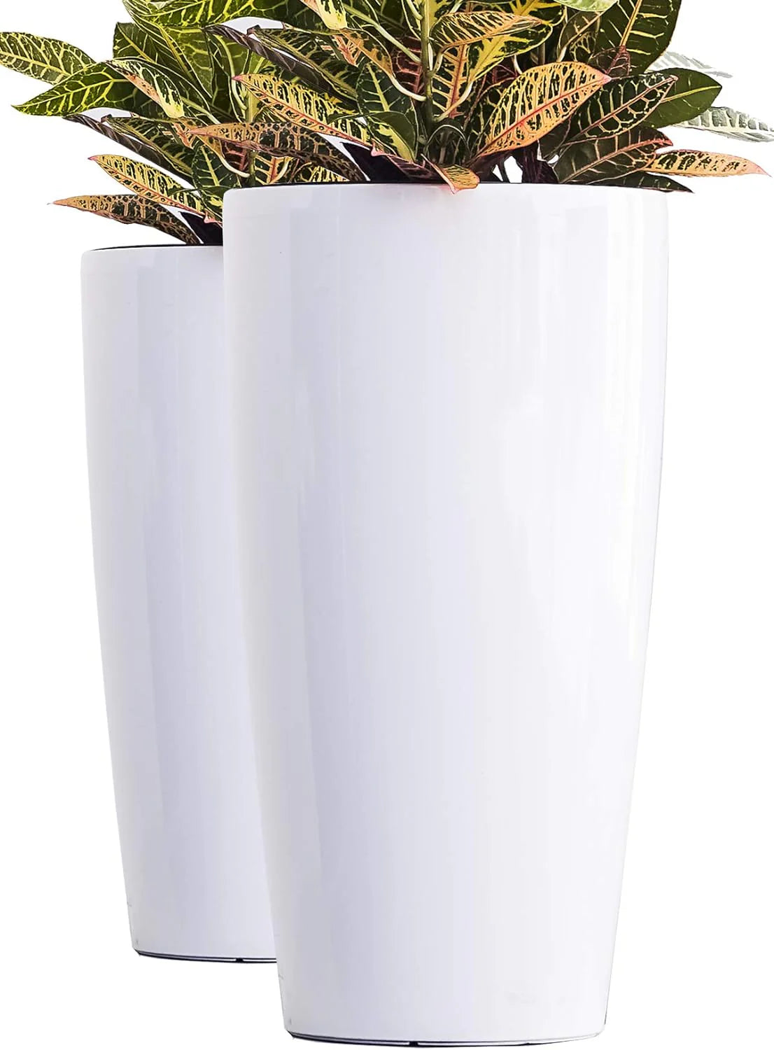 Nested Plastic Self Watering Indoor Outdoor Tall Round Planter Pot, Set of 2, 29.5 Inch Tall, White