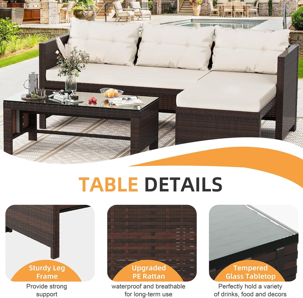 Outdoor Patio Furniture Sets, Wicker Patio sectional Sets 3-Piece, All Weather Wicker Rattan Patio Seating Sofas with Glass Coffee Table and Cushion (Beige)(Beige Cushion)