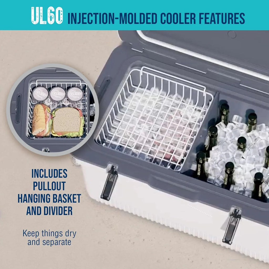60 QT Ultra-Light Injection Molded Cooler - Ice Chest Keeps Ice up to 7 Days - Large Cooler Includes Wire Basket, Divider and Built-in Bottle Opener(Haze Gray)