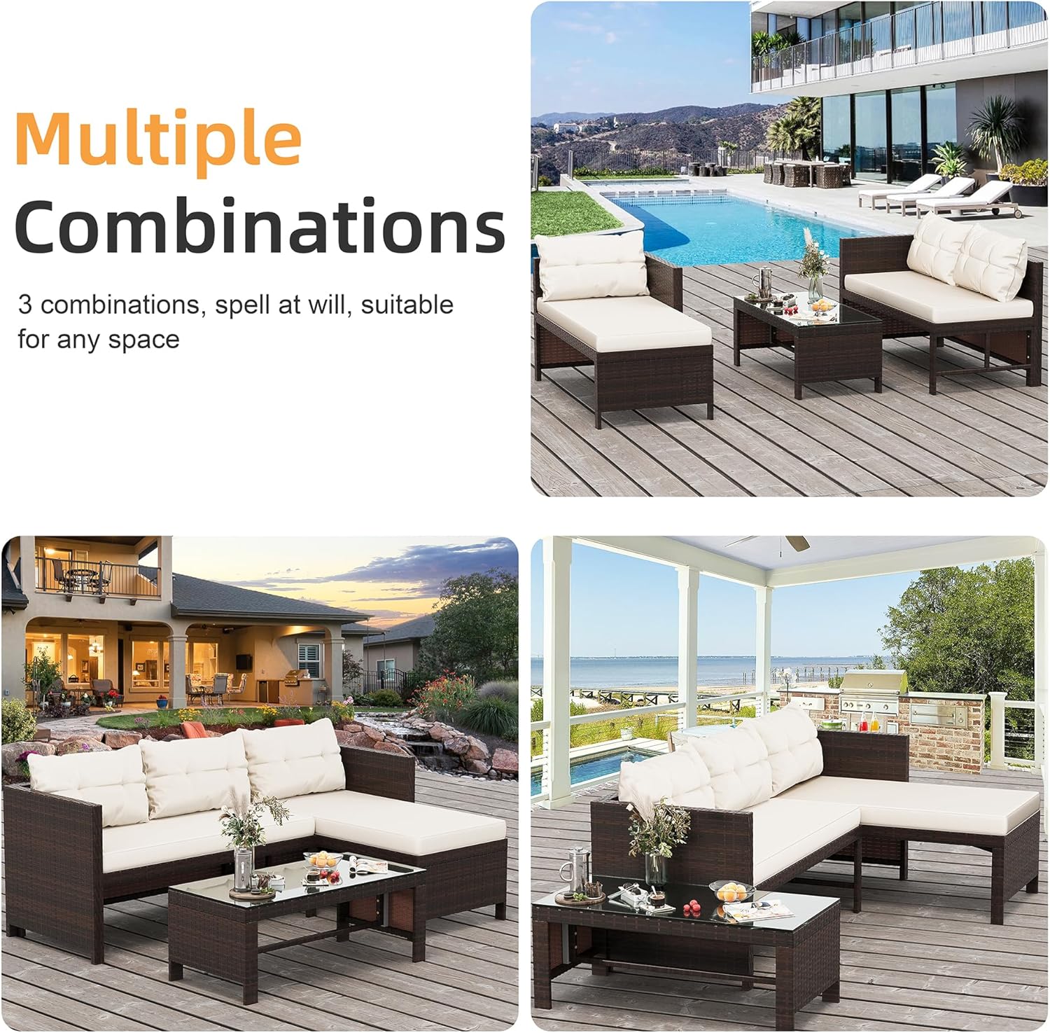 Outdoor Patio Furniture Sets, Wicker Patio sectional Sets 3-Piece, All Weather Wicker Rattan Patio Seating Sofas with Glass Coffee Table and Cushion (Beige)(Beige Cushion)