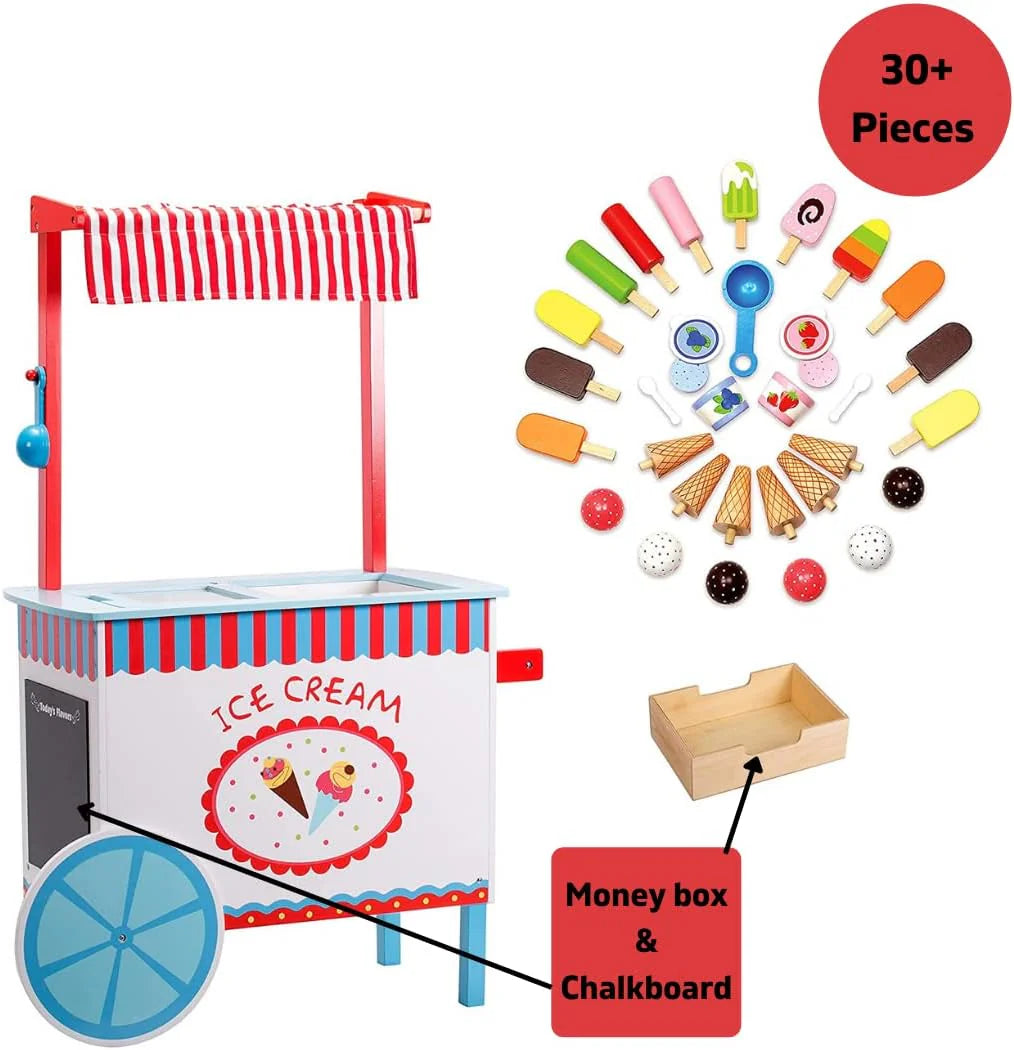 Ice Cream Truck Pretend Play Stand for Kids - High Quality Wooden 33+ Piece Realistic Wooden Toy Set