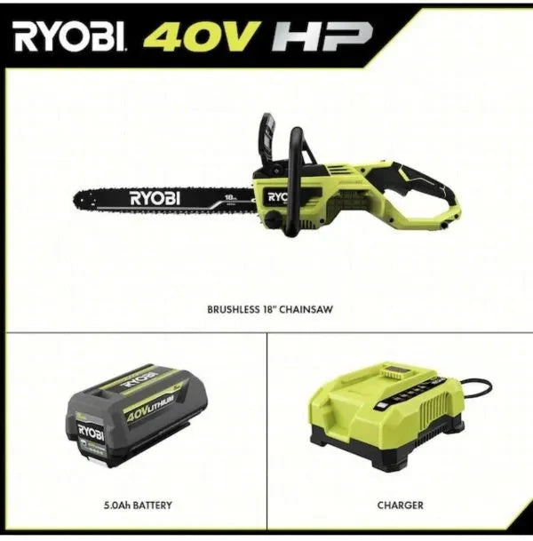 Ryobi 18" 40V Cordless Chainsaw Kit with Battery  Charger, Green