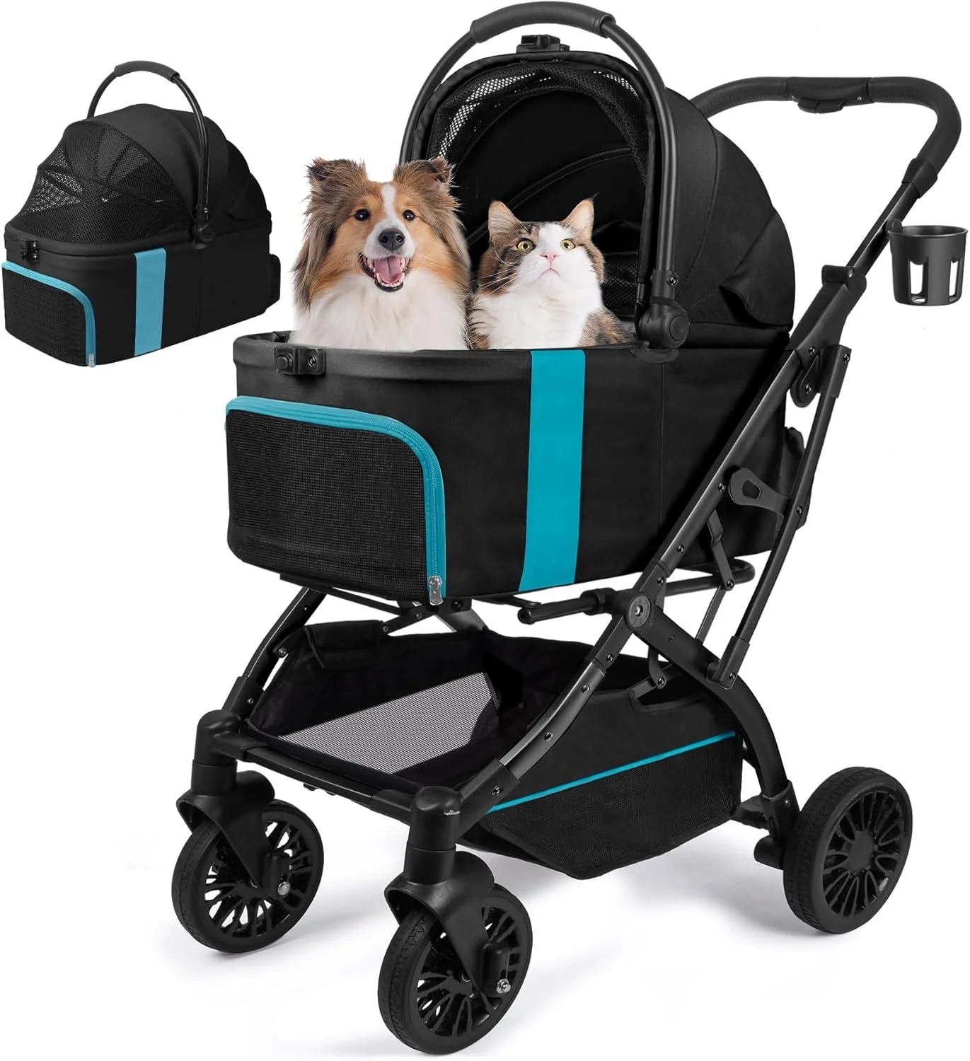 5-in-1 Foldable Dog Cart for Small/Medium Pets up to 55lbs, Detachable Waterproof Seat  Child Seat(Black)