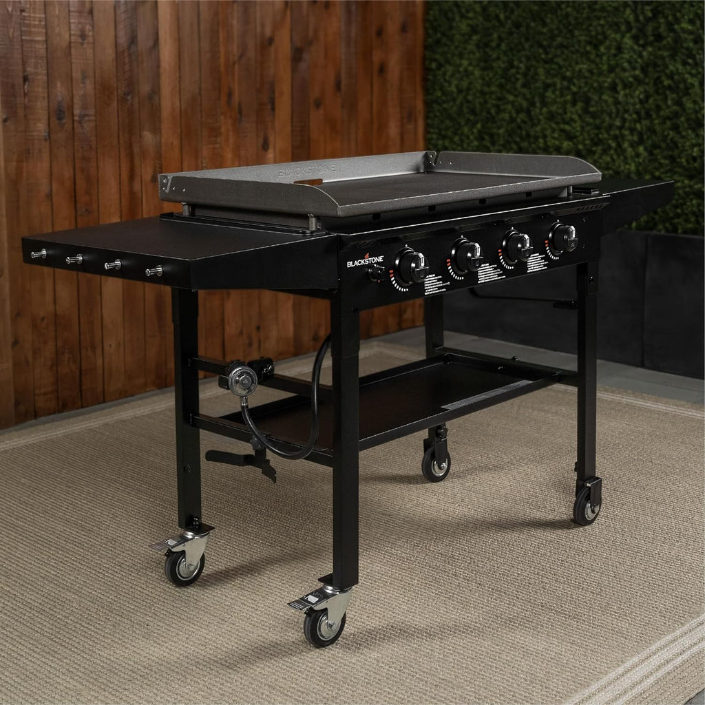 36 Inch Gas Griddle Cooking Station 4 Burner Flat Top Gas Grill Propane Fuelled Restaurant Grade Professional 36” Outdoor Griddle Station with Side Shelf (1554)(Black)