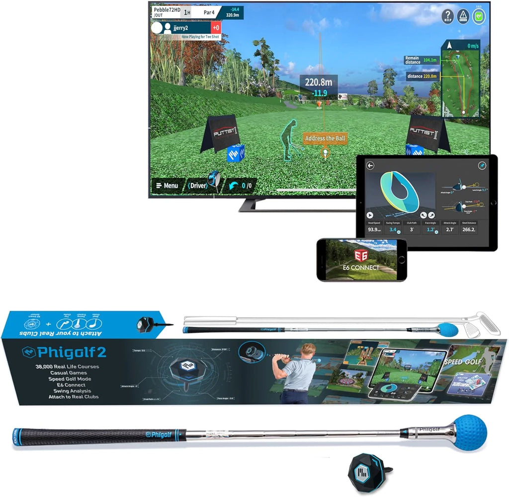 Home Golf Game Simulator: Enjoy Interactive Golf with Motion Sensor  Swing Stick for Indoor  Outdoor Fun  38,000+ Courses Worldwide, Compatible with Android, iOS, App  E6 Connect(Phigolf1_Updated)