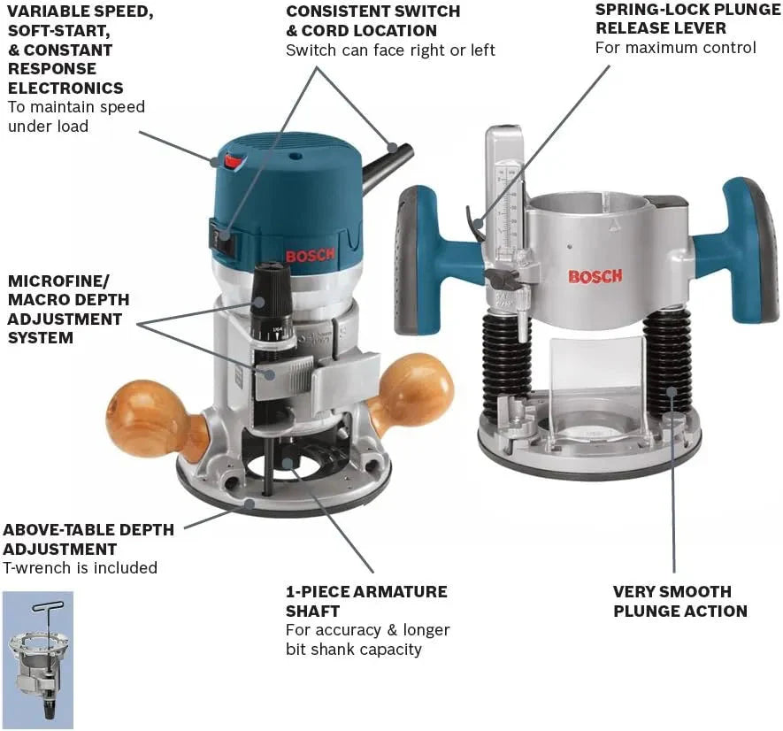 BOSCH 1617EVSPK Wood 12 Amp Router Tool Combo Kit - 2.25 Horsepower Plunge Router  Fixed Base with a Variable Speed(w/ Benchtop Router Table)