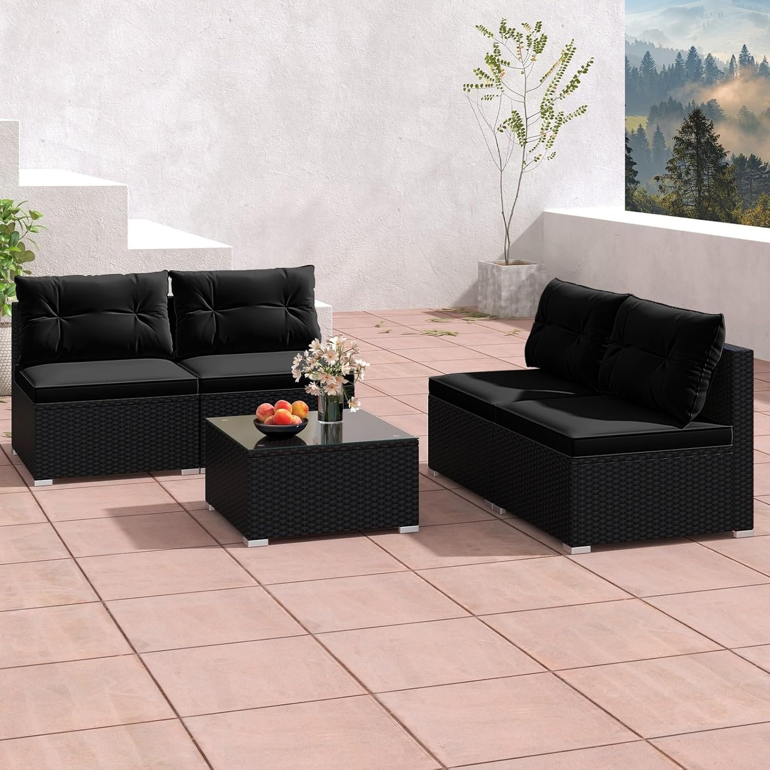 5-Piece Dark Rattan Patio Furniture Set, Outdoor Sofa with Glass Coffee Table(Navy)