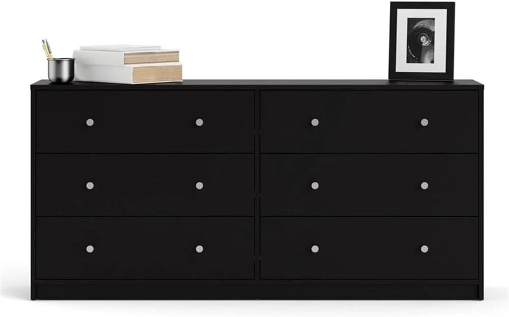 3-Pc Scandinavian Design Engineered Wood Bedroom Furniture Set with 3-Drawer Chest  6-Drawer Double Dresser  1-Drawer Nightstand, Pewter Plastic Handles, Smooth Plastic Glides, in Black(3)