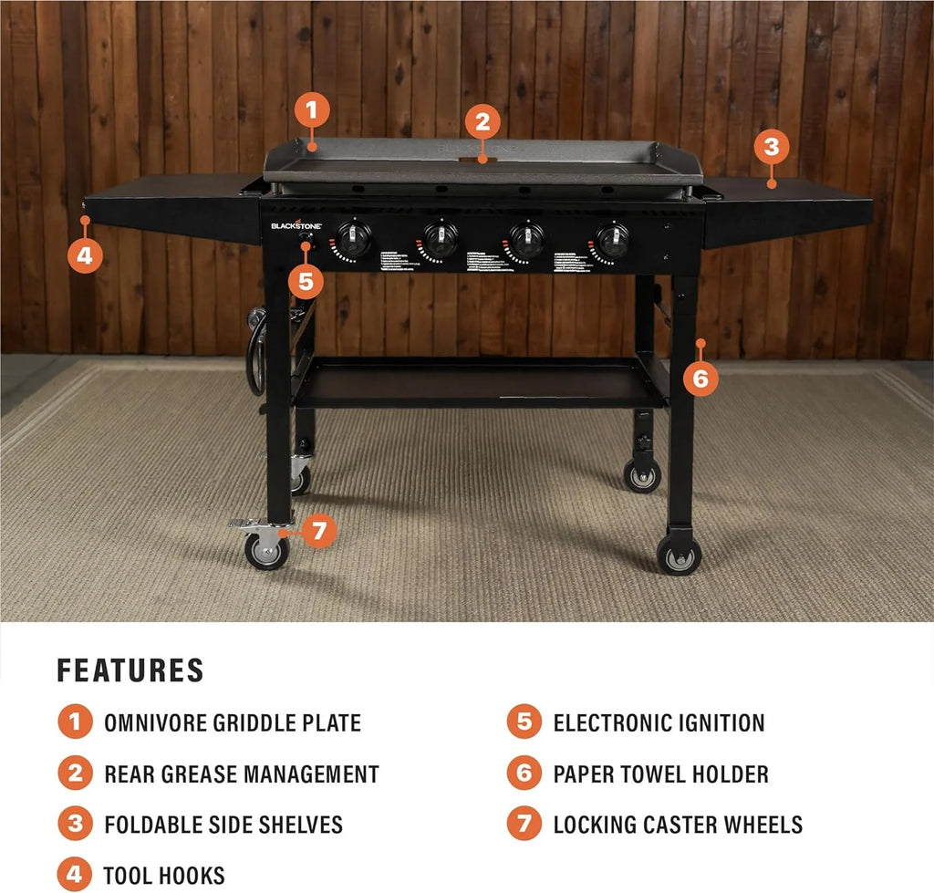 36 Inch Gas Griddle Cooking Station 4 Burner Flat Top Gas Grill Propane Fuelled Restaurant Grade Professional 36” Outdoor Griddle Station with Side Shelf (1554)(Black)
