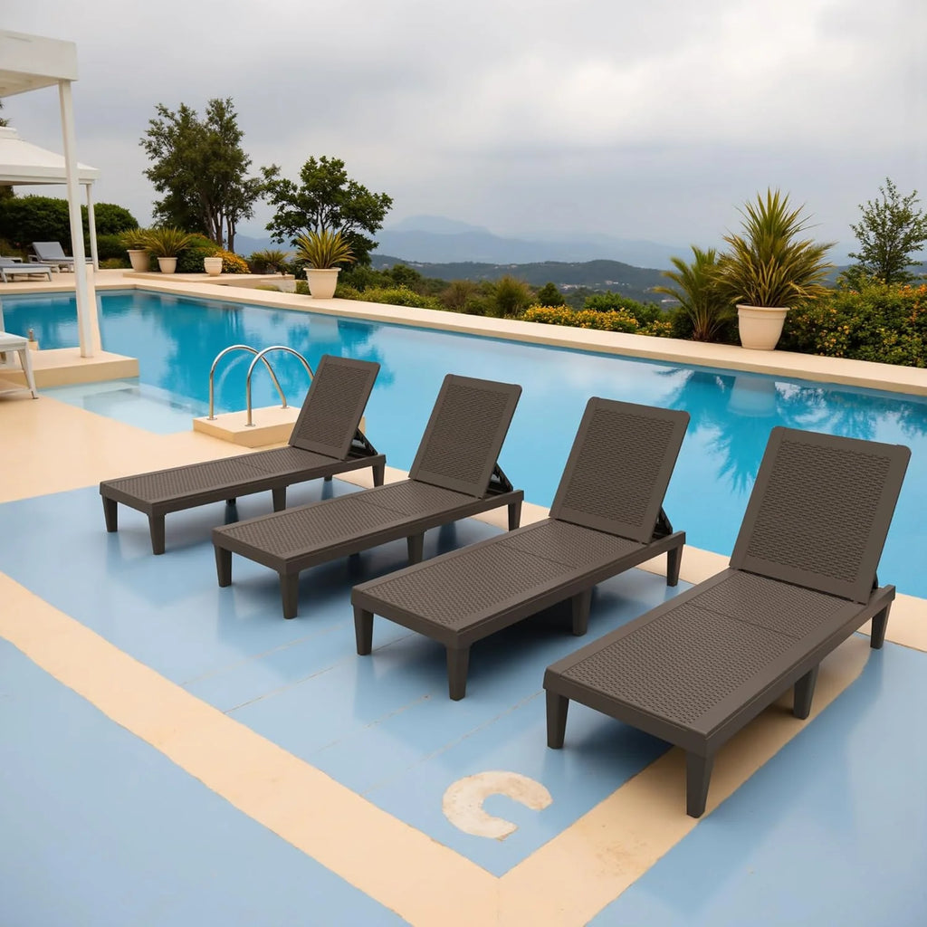 Outdoor Chaise Lounge Chair Set of 2 for Patio Poolside, Waterproof  Adjustable  Easy Assembly Sun Lounger for Outside Deck, Pool, Beach, Black(Set of 4/Brown)