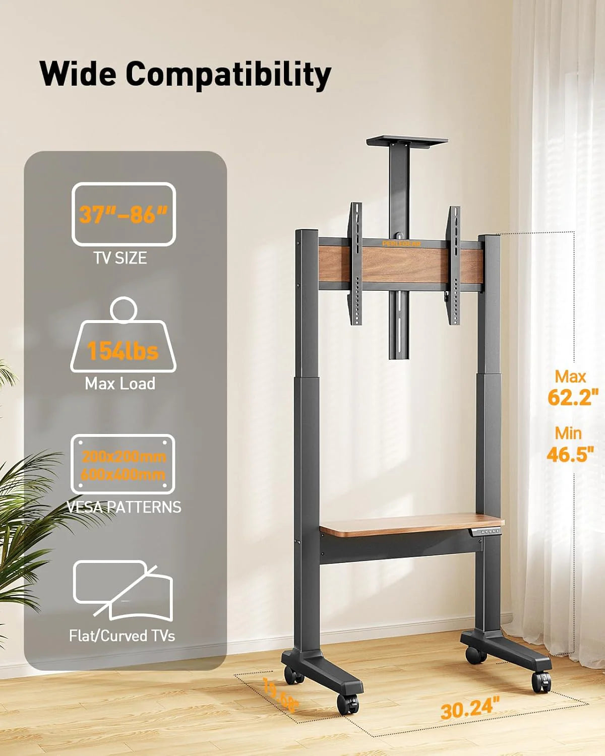 Motorized Mobile TV Stand on Wheels for 37–86 Inch TVs up to 154 lbs, Electric Height Adjustable Rolling TV Stand, VESA 200x200–600x400mm, Wooden Shelf  Panel, PGTVMC26B