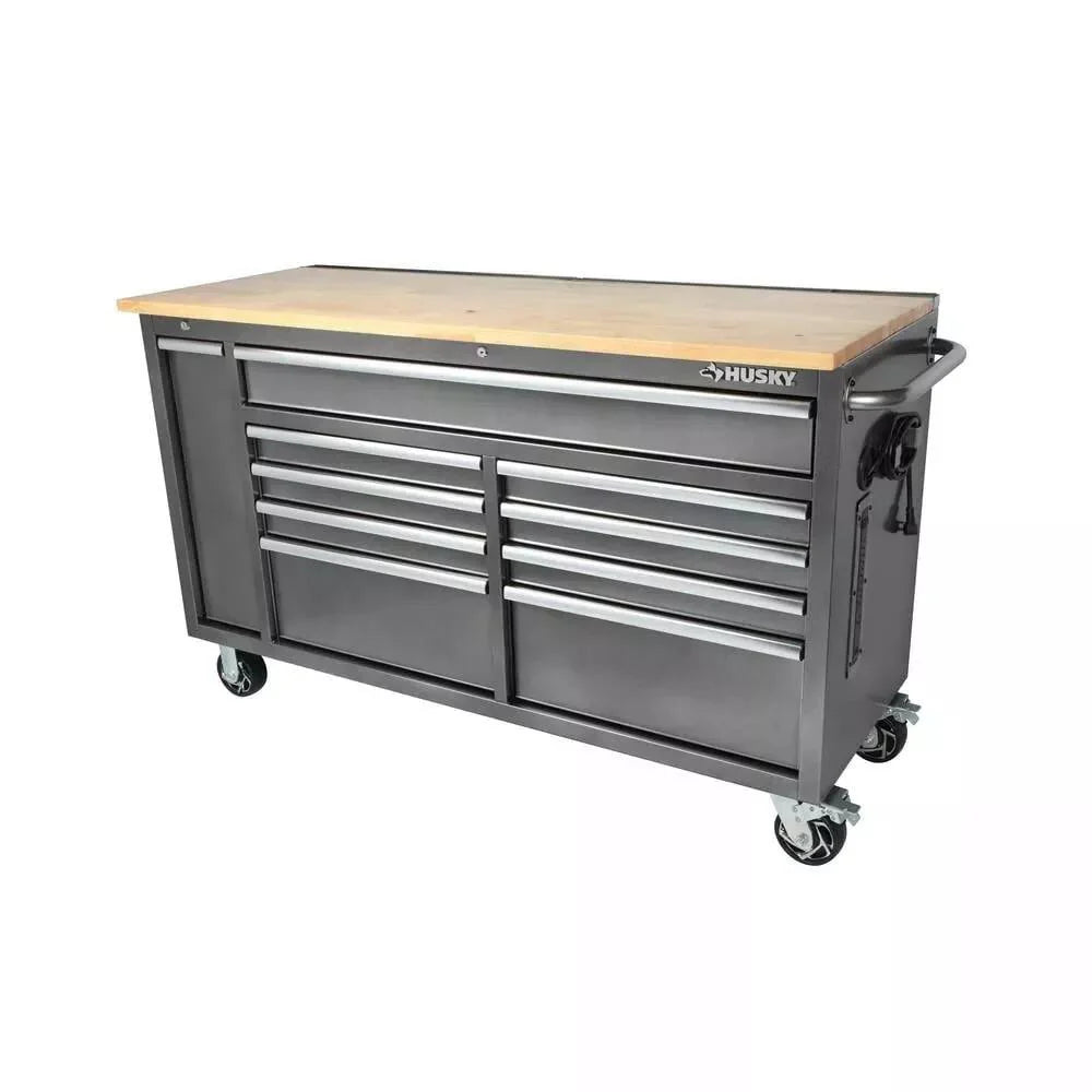 Husky 72 in. x 24 in. D Standard Duty 18-Drawer Mobile Workbench Tool Chest with Solid Wood Top in Stainless Steel